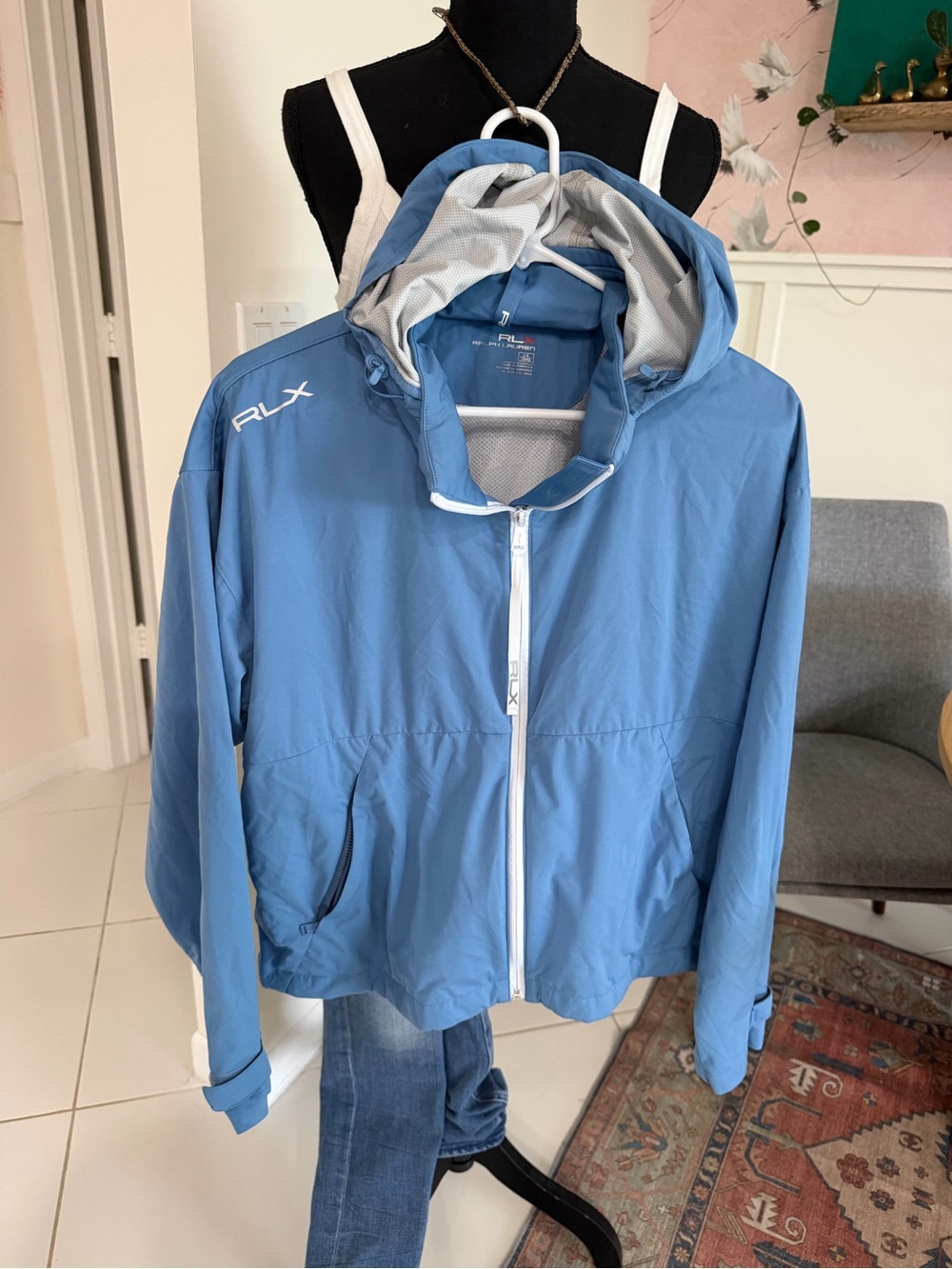 RLX Ralph Lauren Golf Waterproof Hooded Windbreaker Jacket Sky Blue Women Large